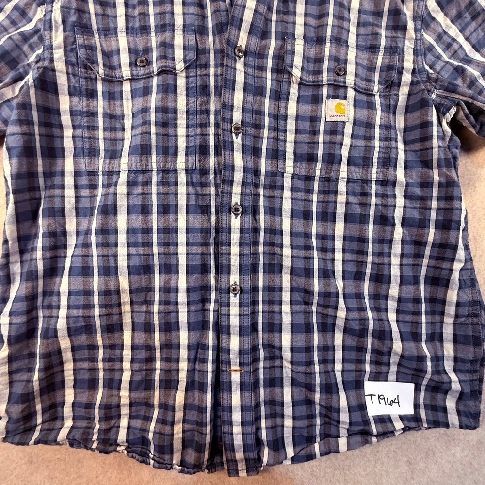 Carhartt Mens Loose Fit Short Sleeve Plaid Button Down Shirt Blue White Large - Picture 3 of 8